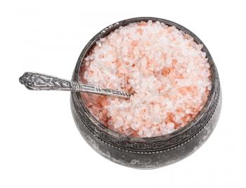vintage silver salt cellar with spoon with pink Himalayan Salt isolated on white background