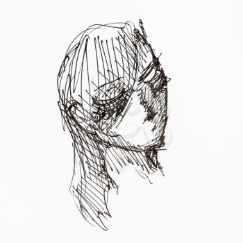 hatched sketch of female head hand-drawn by black inks on white paper