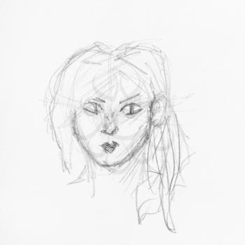 sketch of head of girl with round face and disheveled hair hand-drawn by black pencil on white paper