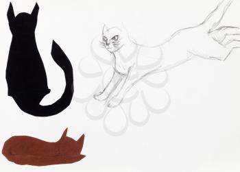sketch of jumping cat and two cat figures cut out of paper on white paper