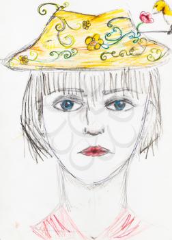 portrait of girl with blue eyes in yellow hat hand-drawn by colour pencils on white paper