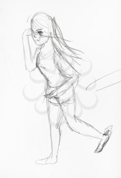 sketch of running girl hand-drawn by black pencil on white paper