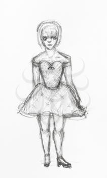 sketch of girl in wide short party dress hand-drawn by black pencil on white paper