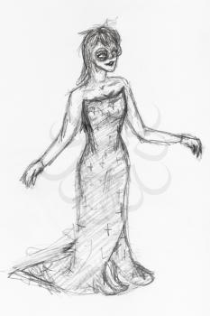 sketch of happy girl in gown and masquerade mask hand-drawn by black pencil on white paper