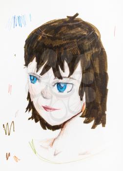 portrait of girl with blue eyes and brown hair hand-drawn by colour pencils on white paper