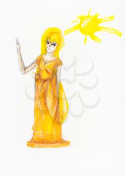 fairy girl in long yellow dress hand-drawn by colour pencils on white paper