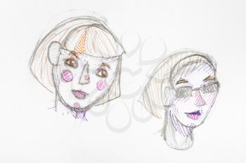 sketch of two heads of girls with pink cheeks hand-drawn by colour pencils on white paper
