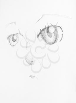 sketch of female anime face with large eyes hand-drawn by black pencil on white paper