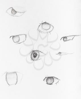 sketches of human eyes hand-drawn by black pencil on white paper