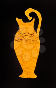 handmade collage - ancient greek jar cut out from yellow paper on black paper background