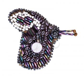 handcrafted butterfly brooch from glass rainbow bugles and various beads isolated on white background