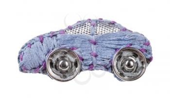 handcrafted car brooch embroidered by blue silk embroidery threads with clasp buttons isolated on white background