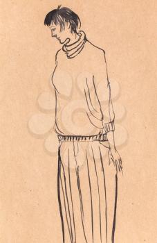 tall woman in sweater and wide pants hand drawn in sumi-e style by black ink on kraft paper