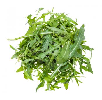 top view of pile from fresh leaves of Arugula (rocket, eruca, rucola) plant isolated on white background