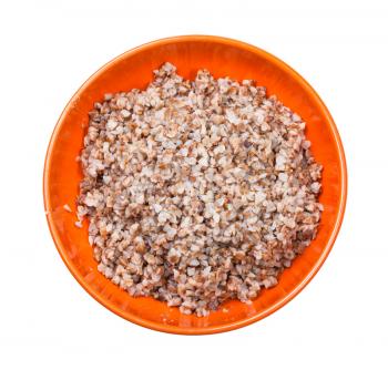 top view of buckwheat porridge in bowl isolated on white background