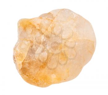 closeup of sample of natural mineral from geological collection - yellow Calcite pebble isolated on white background