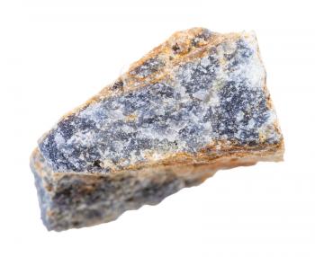 closeup of sample of natural mineral from geological collection - piece of Corundum rock isolated on white background