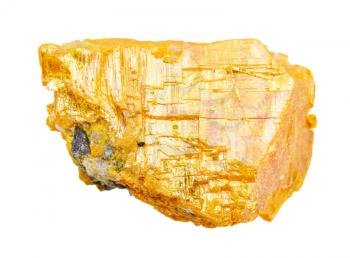 closeup of sample of natural mineral from geological collection - raw Orpiment rock isolated on white background