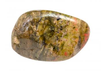 closeup of sample of natural mineral from geological collection - polished Unakite gemstone isolated on white background