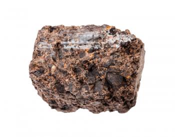 closeup of sample of natural mineral from geological collection - piece of peat (turf) isolated on white background