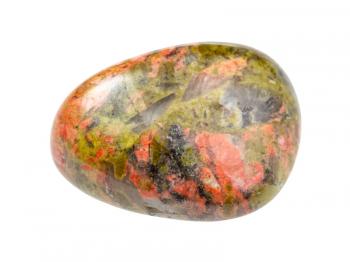 closeup of sample of natural mineral from geological collection - tumbled Unakite gem stone isolated on white background