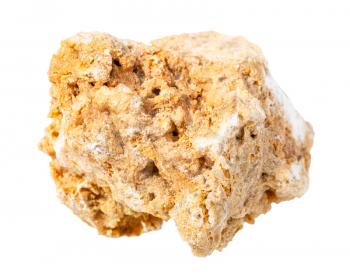 closeup of sample of natural mineral from geological collection - unpolished Travertine rock isolated on white background