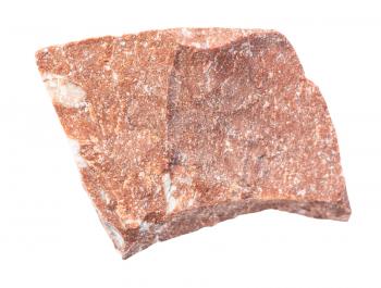 closeup of sample of natural mineral from geological collection - unpolished red marble rock isolated on white background