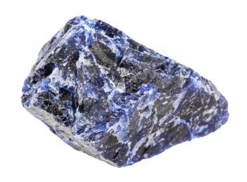 closeup of sample of natural mineral from geological collection - raw Sodalite stone isolated on white background