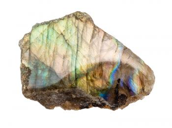 closeup of sample of natural mineral from geological collection - polished Labradorite rock isolated on white background