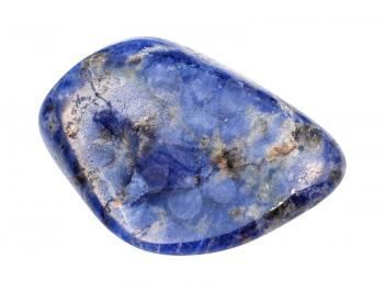 closeup of sample of natural mineral from geological collection - tumbled Sodalite gemstone isolated on white background