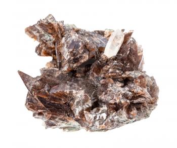 closeup of sample of natural mineral from geological collection - druse of Axinite crystals isolated on white background