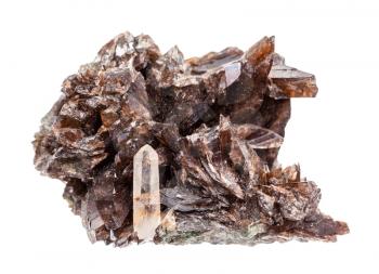closeup of sample of natural mineral from geological collection - raw Axinite crystals isolated on white background