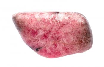 closeup of sample of natural mineral from geological collection - tumbled Rhodonite gemstone isolated on white background