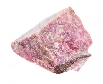 closeup of sample of natural mineral from geological collection - raw Rhodonite rock isolated on white background