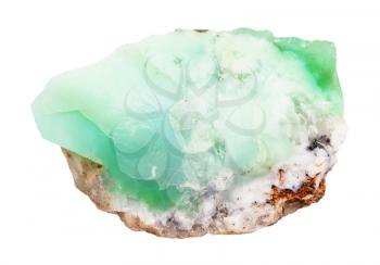closeup of sample of natural mineral from geological collection - rough Chrysoprase rock isolated on white background