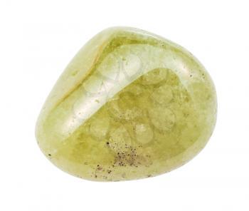 closeup of sample of natural mineral from geological collection - polished Grossular (green garnet) gem stone isolated on white background