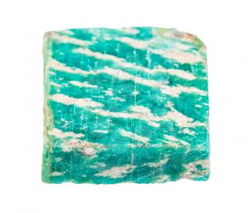 closeup of sample of natural mineral from geological collection - rough Amazonite rock isolated on white background