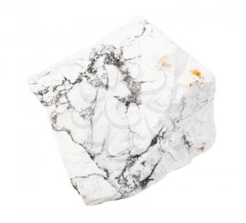 closeup of sample of natural mineral from geological collection - rough Howlite rock isolated on white background