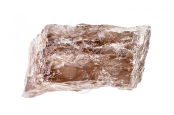 closeup of sample of natural mineral from geological collection - piece of raw smoky quartz rock isolated on white background