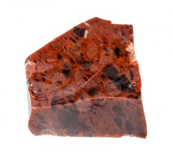 closeup of sample of natural mineral from geological collection - raw Mahogany Obsidian rock isolated on white background