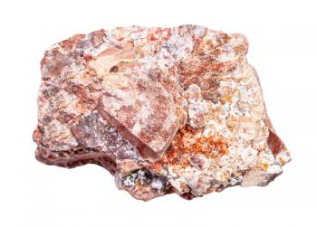 closeup of sample of natural mineral from geological collection - piece of raw Rhyolite rock isolated on white background