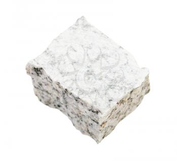 closeup of sample of natural mineral from geological collection - rough white Granite rock isolated on white background