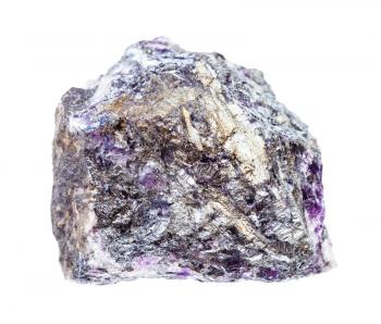 closeup of sample of natural mineral from geological collection - rough Stibnite (Antimonite) ore with Amethyst quartz isolated on white background