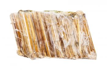 closeup of sample of natural mineral from geological collection - piece of Asbestos rock isolated on white background