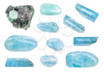 set of various Aquamarine (blue Beryl) gemstones isolated on white background