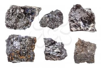 set of various Bituminous coal (black coal) rocks isolated on white background