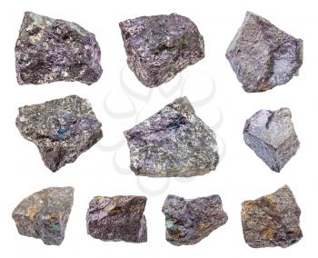 set of various Bornite rocks isolated on white background