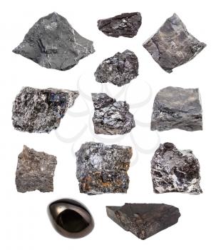 set of various Coal (Bituminous coal, Black coal, Lignite, Brown coal, Shungite shale, Coal shale, Anthracite) rocks isolated on white background