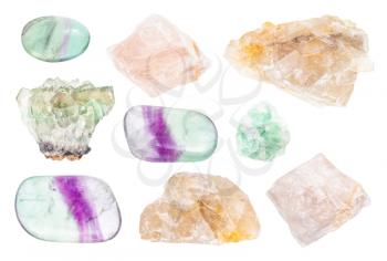set of various Fluorite (fluorspar) gemstones isolated on white background