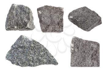 set of various Gabbro rocks isolated on white background